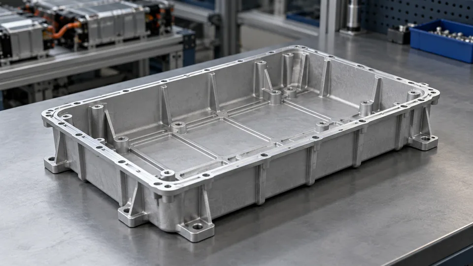 Open aluminum battery enclosure with reinforcing ribs and a sealing rim, AI-generated application illustration