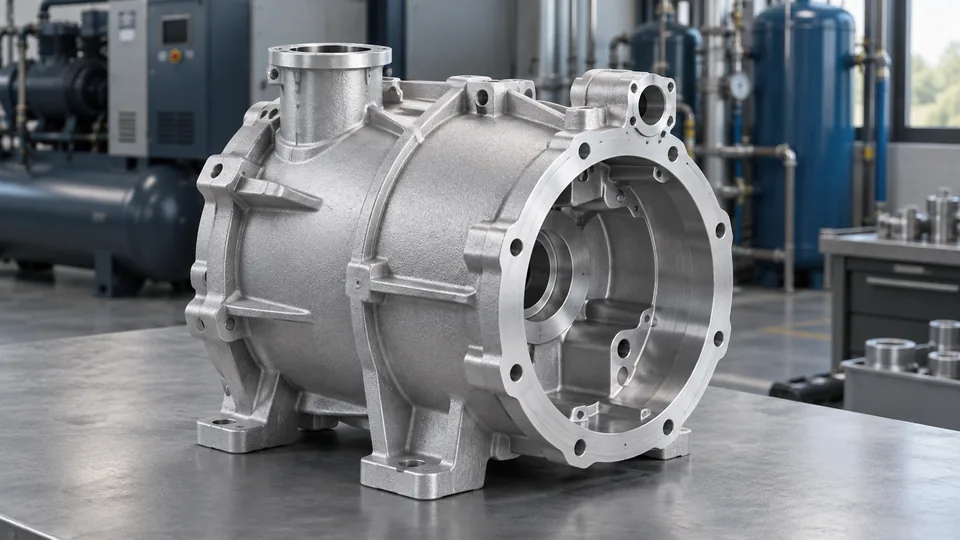 Aluminum compressor housing with an open chamber and machined end flange, AI-generated application illustration