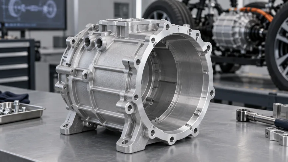 Cylindrical aluminum EV motor housing with a machined mounting flange, AI-generated application illustration