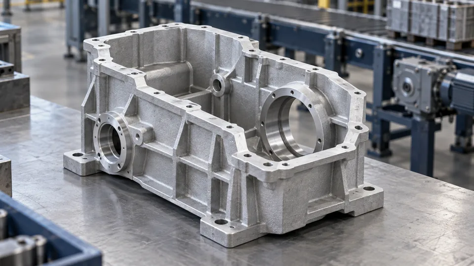 Open aluminum gearbox housing with bearing bores and reinforcing ribs, AI-generated application illustration