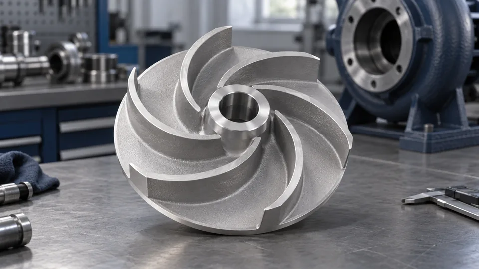 Aluminum centrifugal impeller with curved vanes and a central hub, AI-generated application illustration