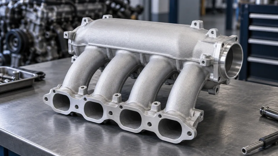 Aluminum intake manifold with curved runners and machined ports, AI-generated application illustration