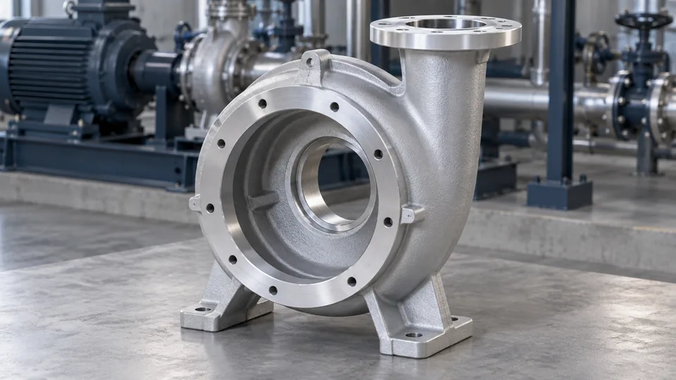 Aluminum pump housing with an open volute and machined flange, AI-generated application illustration