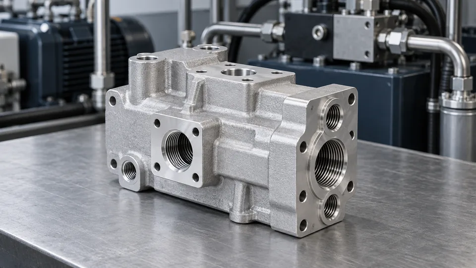 Cast aluminum valve body with machined hydraulic ports, AI-generated application illustration