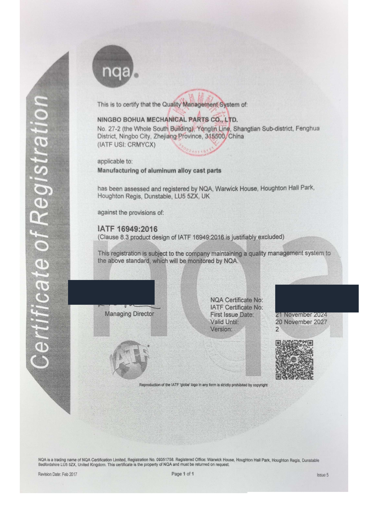 IATF 16949:2016 certificate issued by NQA (National Quality Assurance, UK)