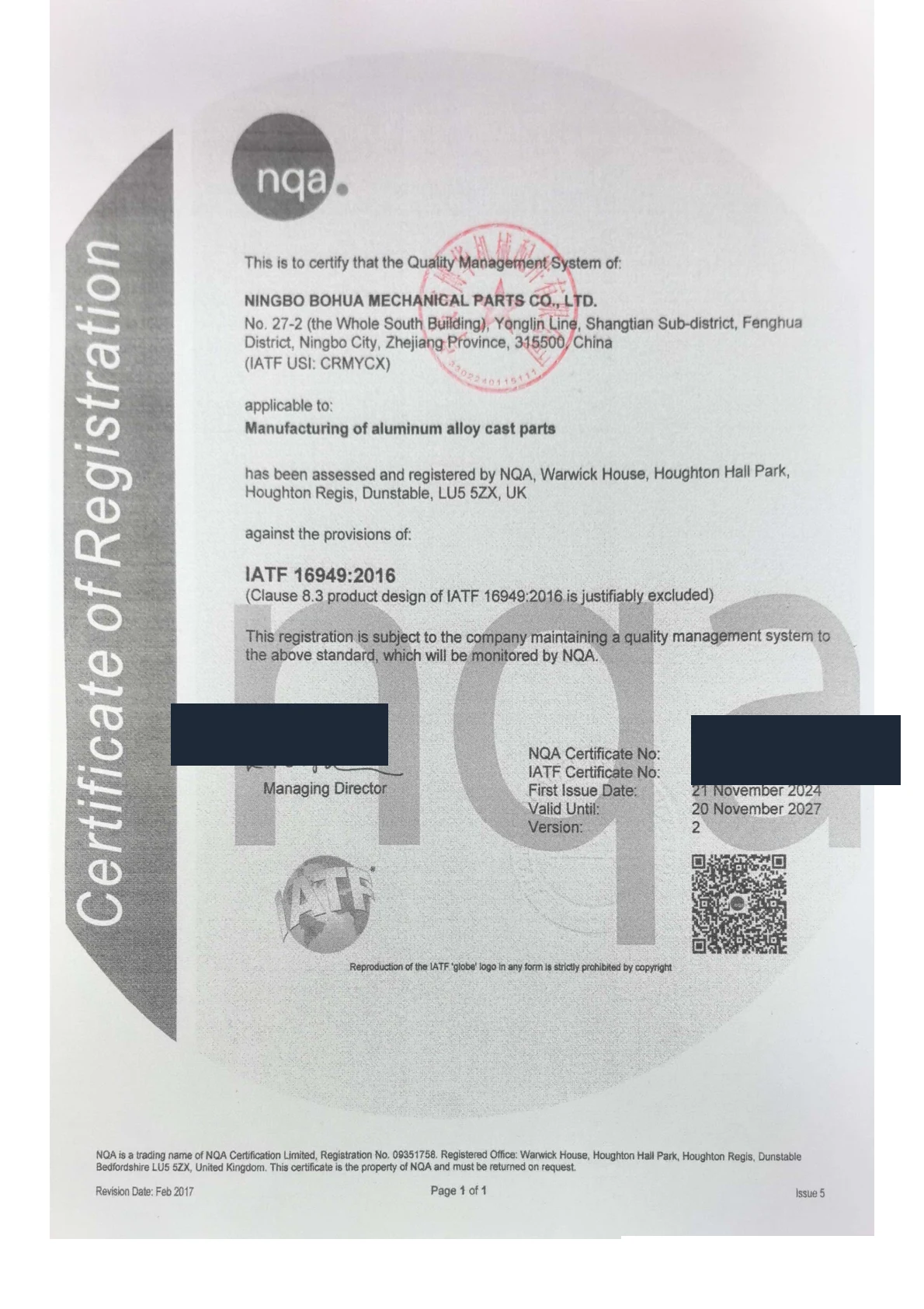 IATF 16949:2016 certificate issued by NQA (National Quality Assurance, UK)