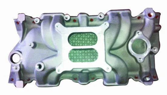 A356-T6 automotive intake manifold casting with central plenum, runners, and machined mounting pattern